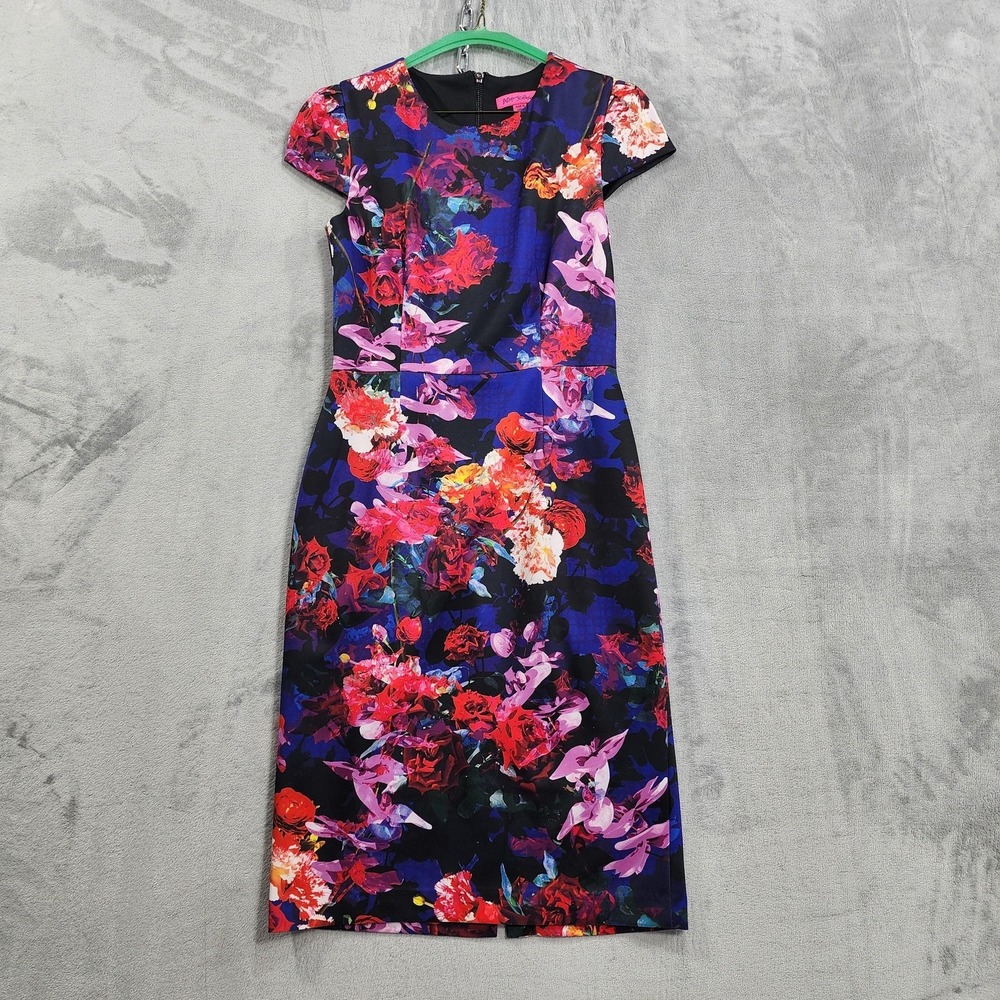 Betsey Johnson Dress Womens 6 Multicolor Floral Scuba Cap Sleeve Sheath Party